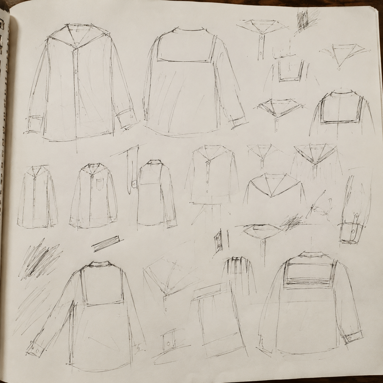 セーラーカラーのシャツのデザイン案を書き留めたスケッチノート