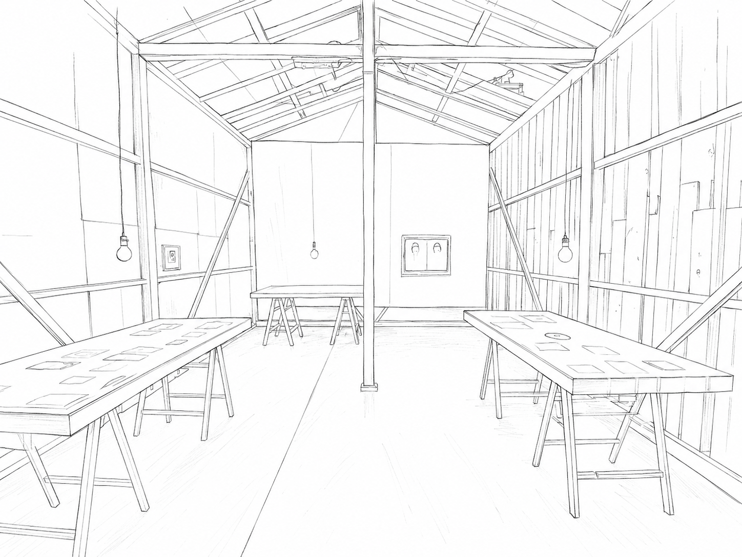木造のアトリエ内に作業台が並ぶ、屋根梁の見える線画イラスト