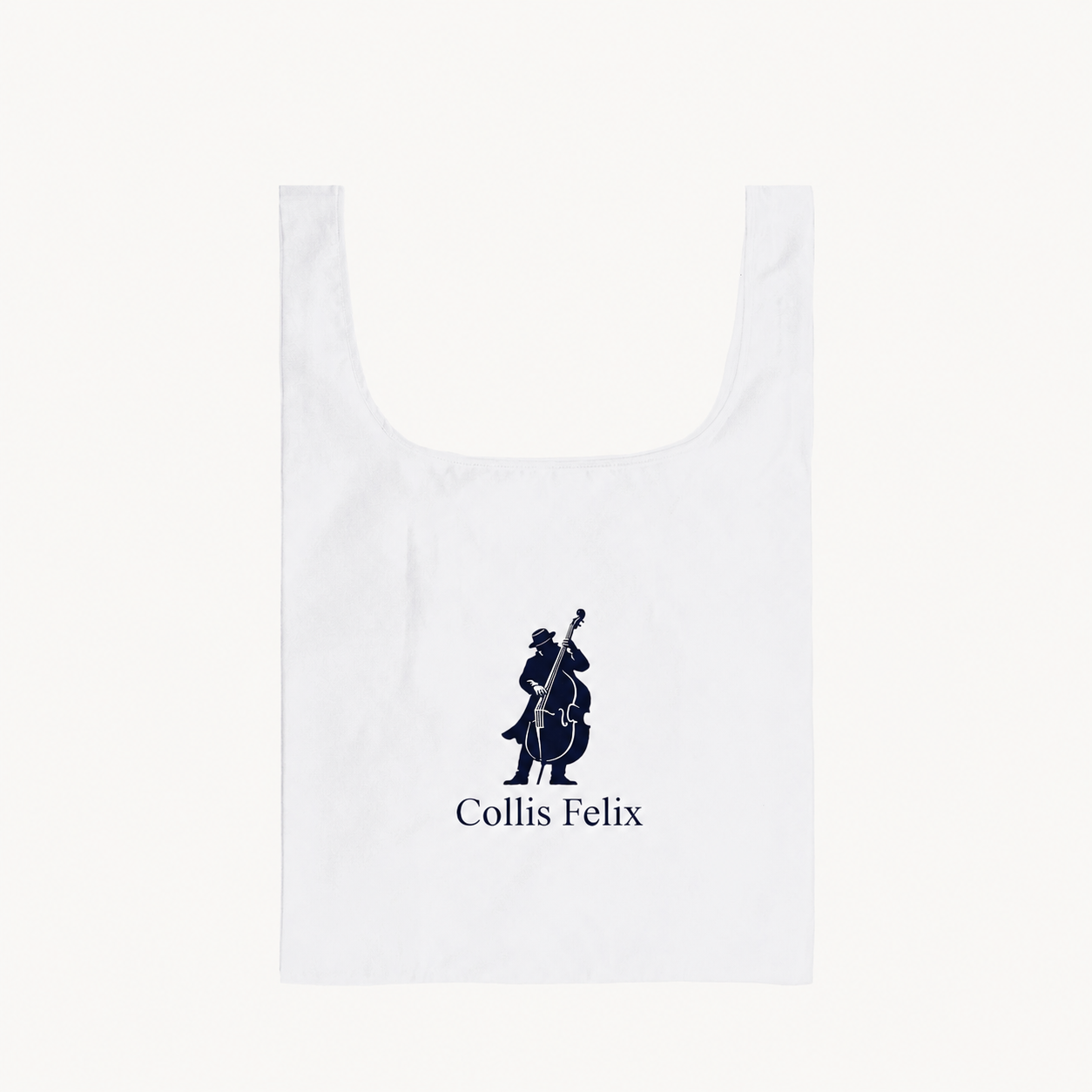 Collis Felixの白いエコバッグ。正面にコントラバスを演奏する人物のロゴとブランド名がプリントされている。