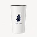 Collis Felixの白いタンブラー。正面にコントラバスを演奏する人物のロゴとブランド名がプリントされている。