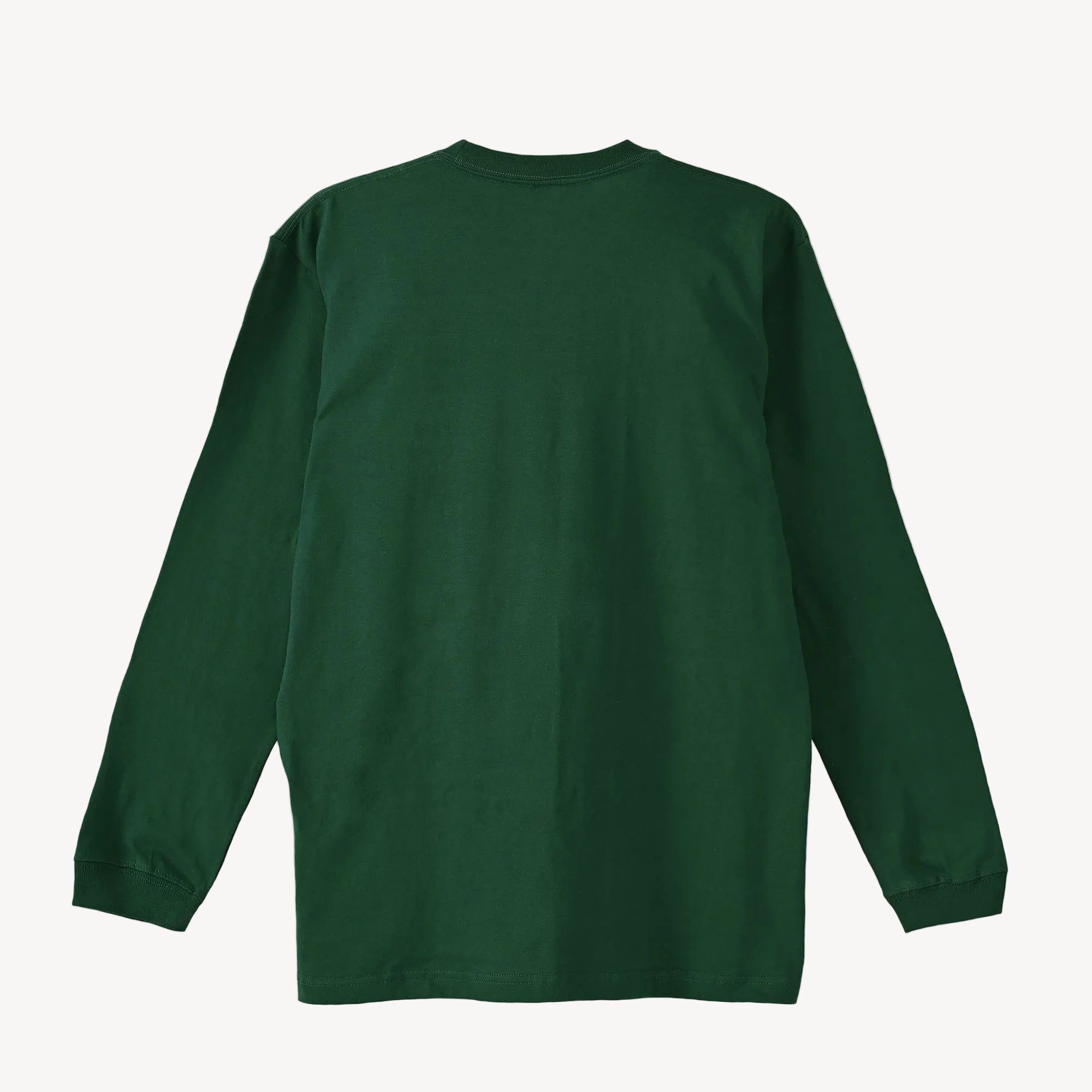 Collis FelixのグリーンのロングスリーブTシャツを背面から撮影した商品画像。ロゴやプリントのないシンプルなデザイン。