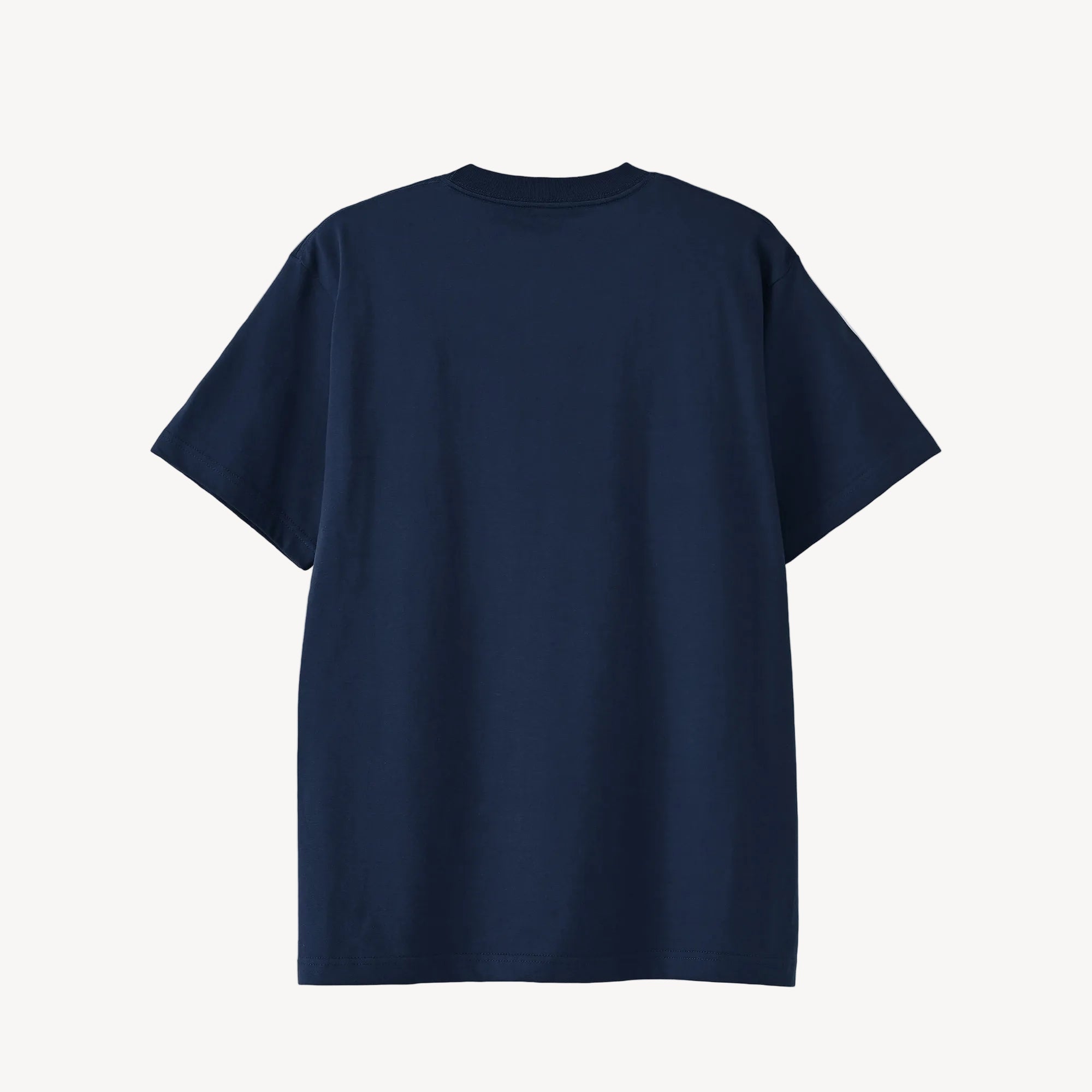 Collis FelixのインディゴのTシャツを背面から撮影した商品画像。ロゴやプリントのないシンプルなデザイン。