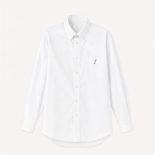 Collis Felixのホワイトの長袖ボタンダウンシャツを正面から撮影した商品画像。左胸ポケットにネイビーのブランドロゴが入っている。