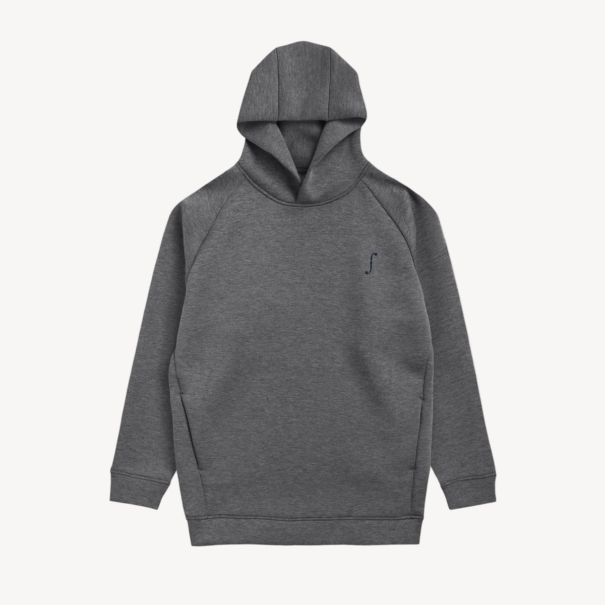 Collis Felix（コリス フィリックス）のグレーのラグランスリーブフーディー。左胸にネイビーのfロゴをあしらった正面の商品画像。