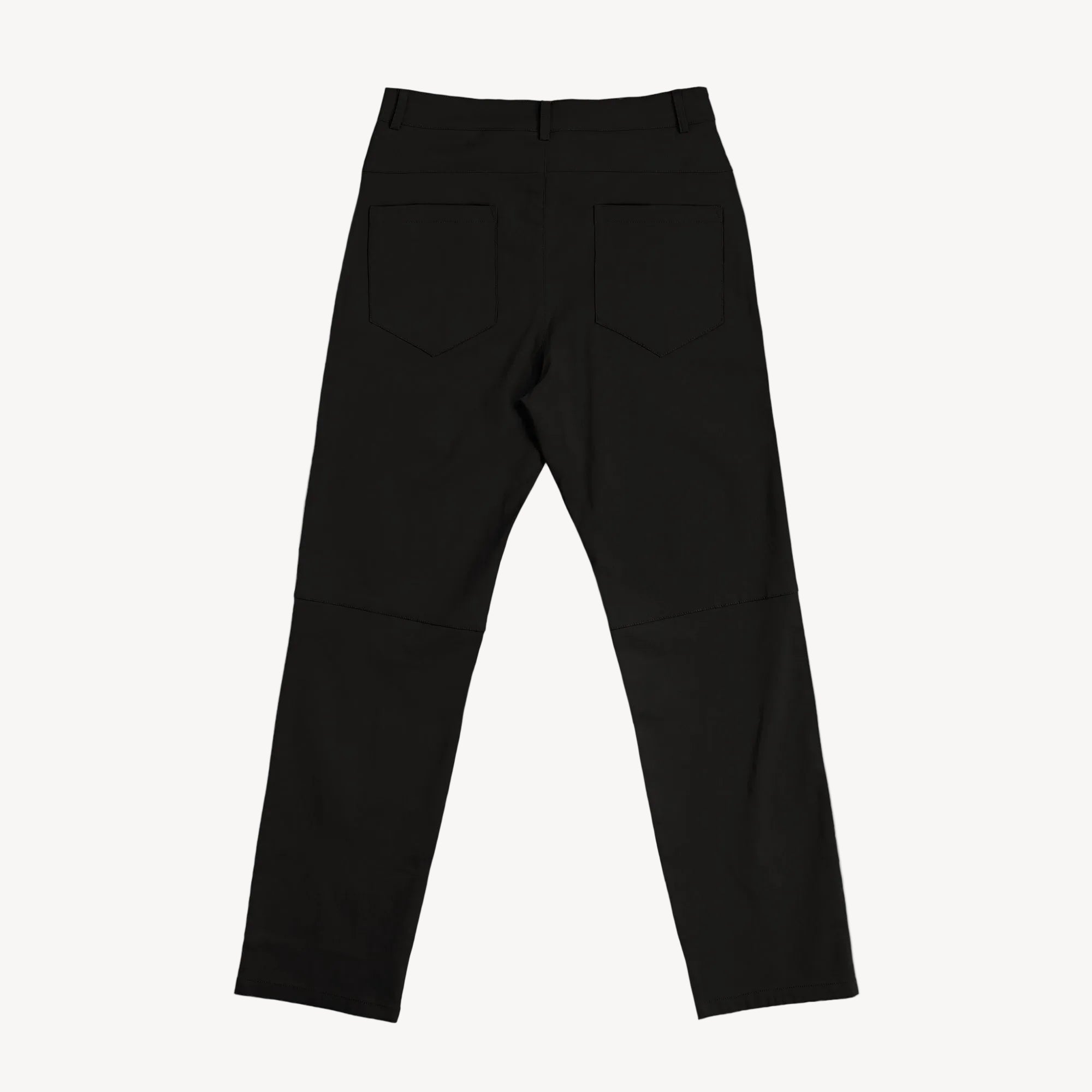 Collis Felix（コリス フィリックス）のブラックのストレッチパンツ。バックポケットとベルトループ、背面のシルエットが見える商品画像。