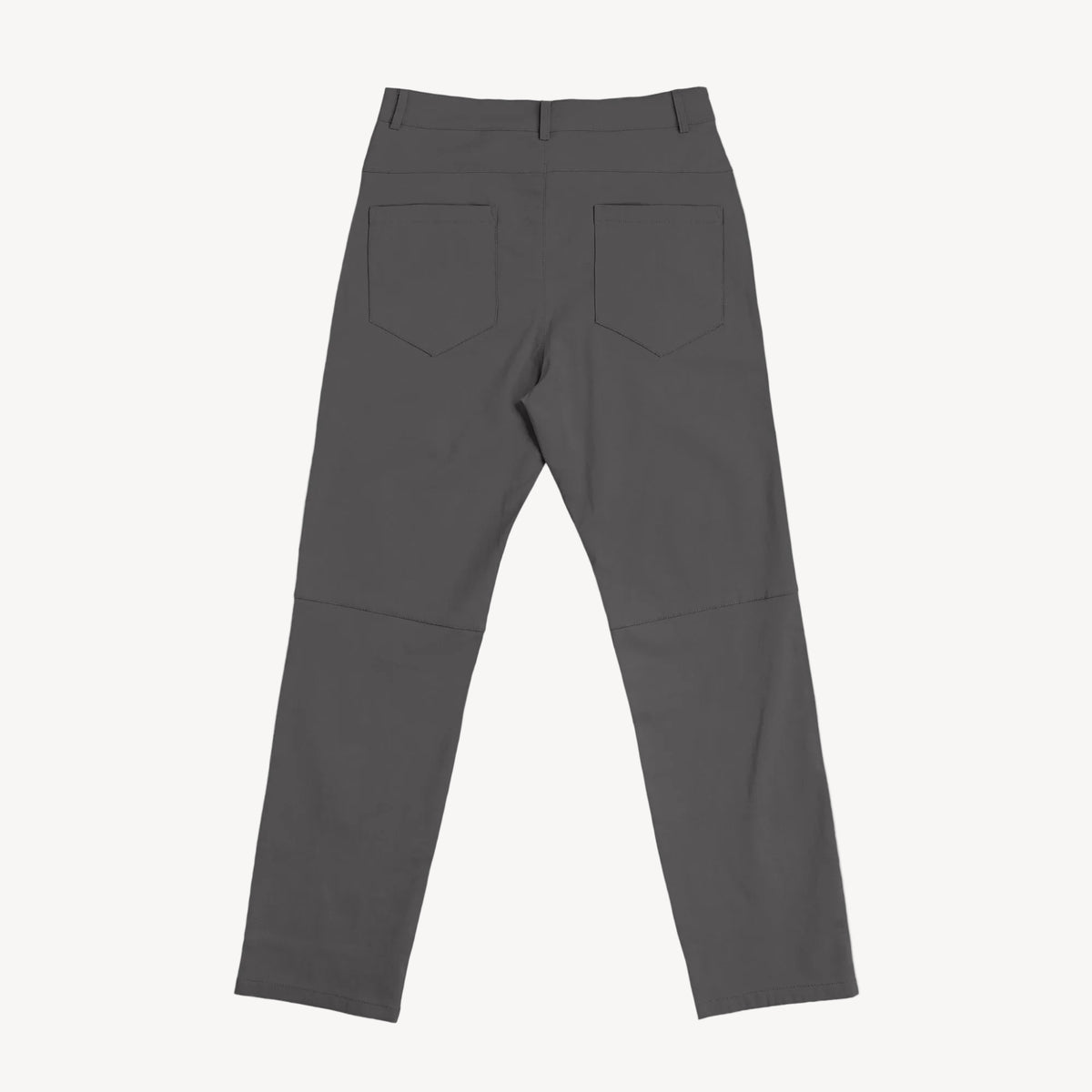 Collis Felix（コリス フィリックス）のチャコールグレーのストレッチパンツ。バックポケットとベルトループ、背面のシルエットが見える商品画像。