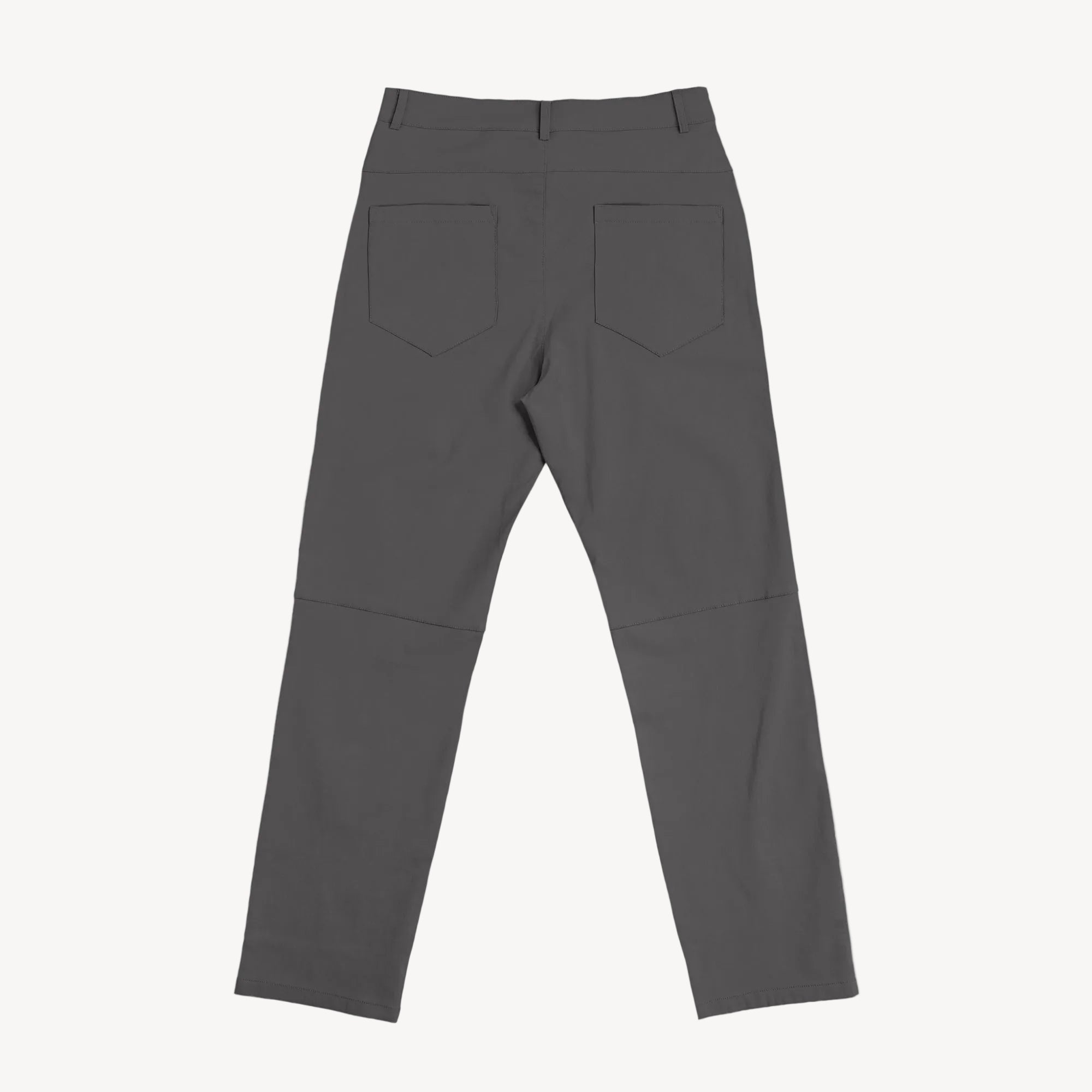 Collis Felix（コリス フィリックス）のチャコールグレーのストレッチパンツ。バックポケットとベルトループ、背面のシルエットが見える商品画像。