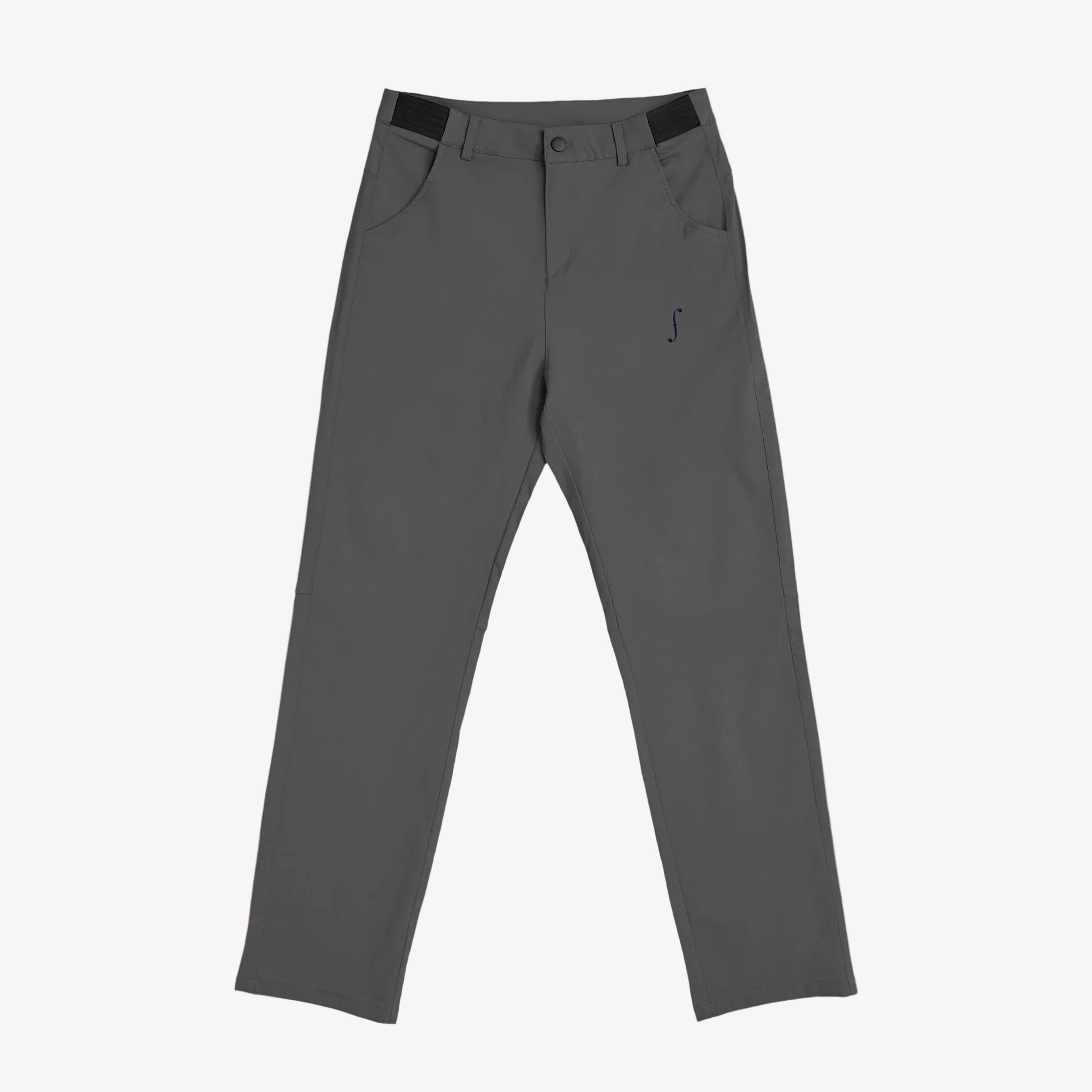 Collis Felix（コリス フィリックス）のチャコールグレーのストレッチパンツ。フロントポケット、ベルトループ、サイドゴム、左もものfロゴが見える正面の商品画像。