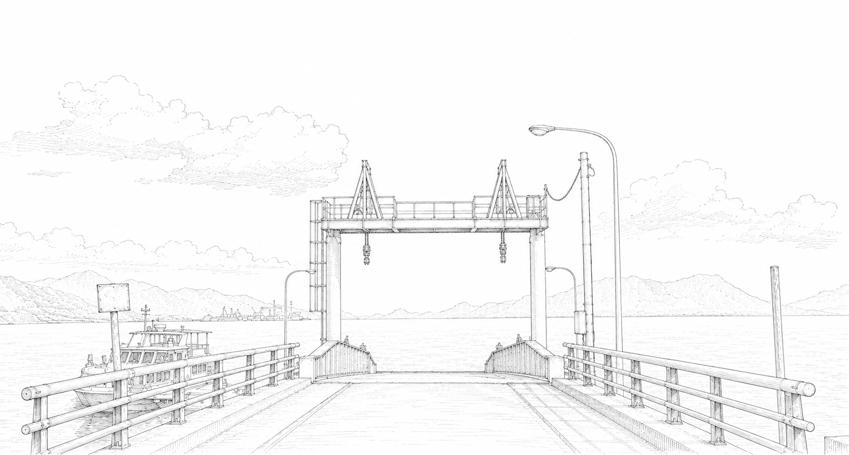 船が停泊している港のイラスト