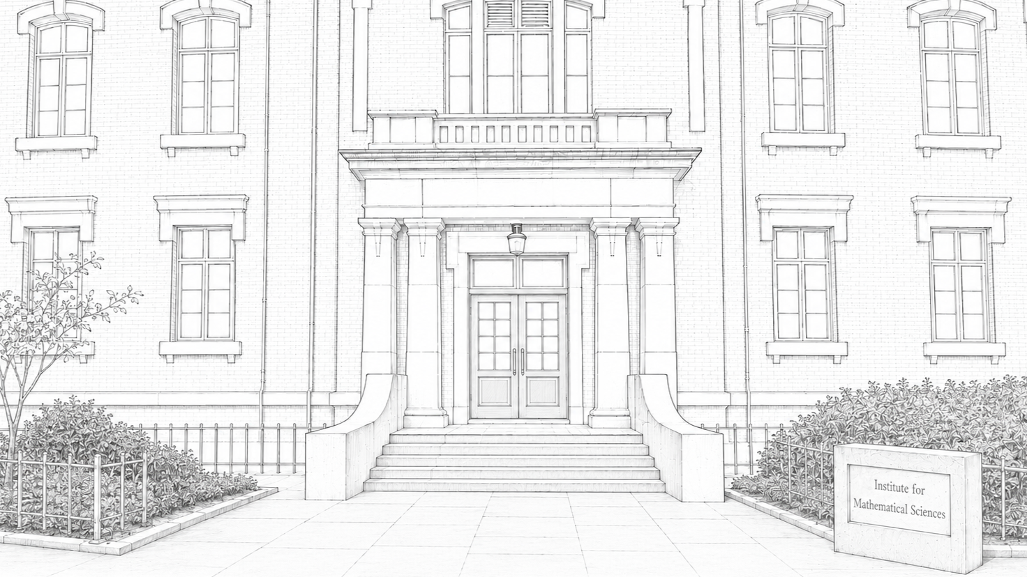 数理科学研究科（Institute for Mathematical Sciences）の正面入口を描いたレンガ造りの建物の線画イラスト